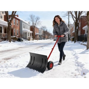 Snow Shovel Pusher for Driveway,Heavy Duty 2-Wheel Snow Shovel with Single Rod,29" Angled Blade Efficient Metal Snow Removal,Adjustable Height Handle - 1 of 4