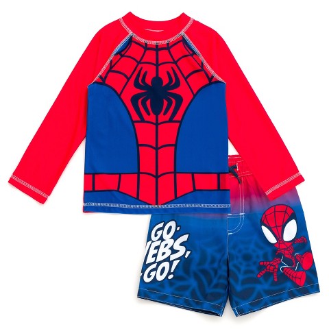 Marvel Spidey and His Amazing Friends Little Boys' Cosplay Raglan Long Sleeve Swim Shirt and Board Shorts Outfit Spider Man Red Navy 6