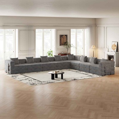 8 Seater Folding Sofa Bed for Living Room or Bedroom, Convertible Sofa with Cushions and Storage Pockets, Corduroy Fabric Sofa-Coolbibila