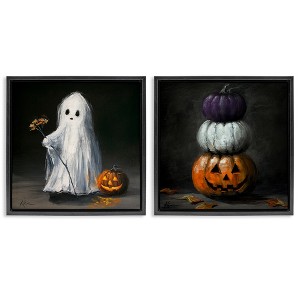 Stupell Industries Vintage Halloween Ghost & Pumpkin Stack 2pc Floating Frame Art Set - 1 of 4