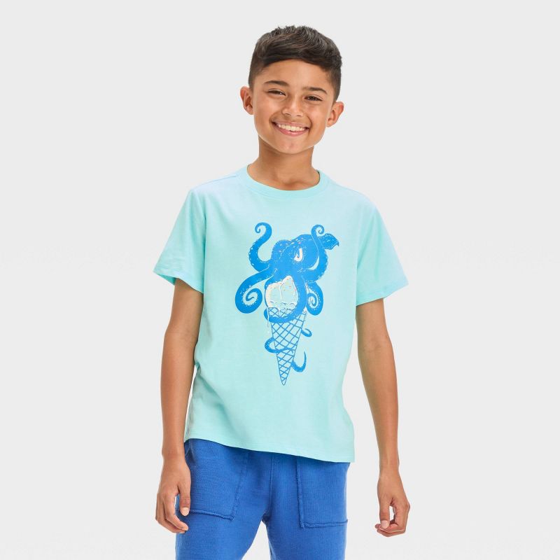 Boys' Short Sleeve Octopus Ice Cream Cone Graphic T-Shirt - Cat & Jack™ Turquoise Blue, 1 of 4