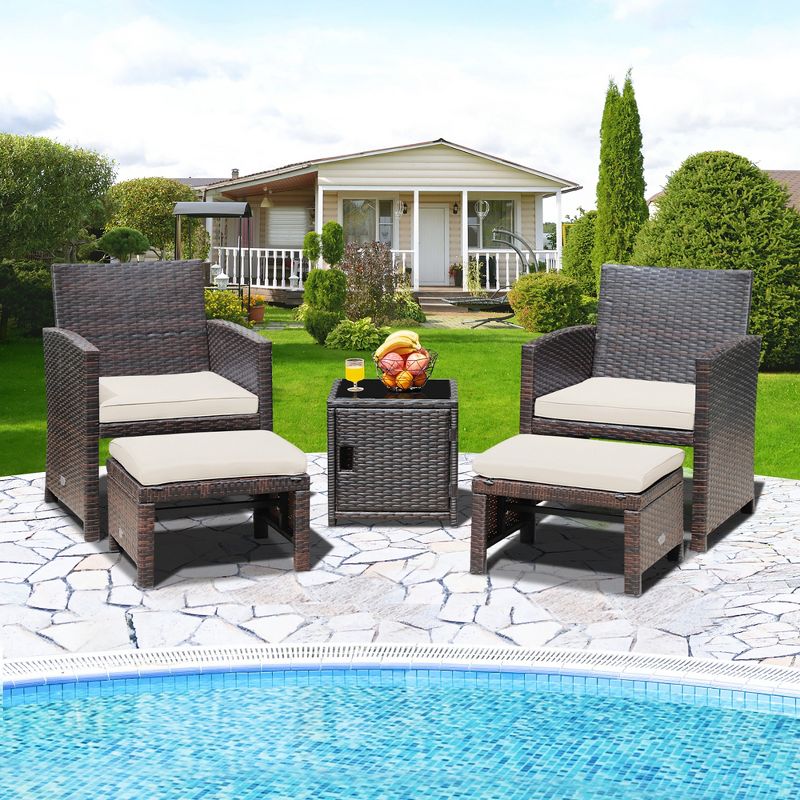 Costway 5PCS Patio Rattan Furniture Set Ottoman Cushioned W/Cover Space Saving Off White/Gray/Red/Turquoise, 1 of 11