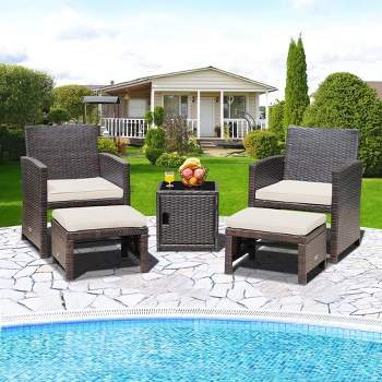 Costway 5PCS Patio Rattan Furniture Set Ottoman Cushioned W/Cover Space Saving Off White/Gray/Red/Turquoise