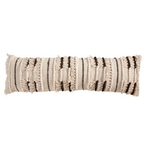 Saro Lifestyle Stylish Fringe Poly Filled Pillow with Intricate Detailing, Beige, 13"x40" - 1 of 3
