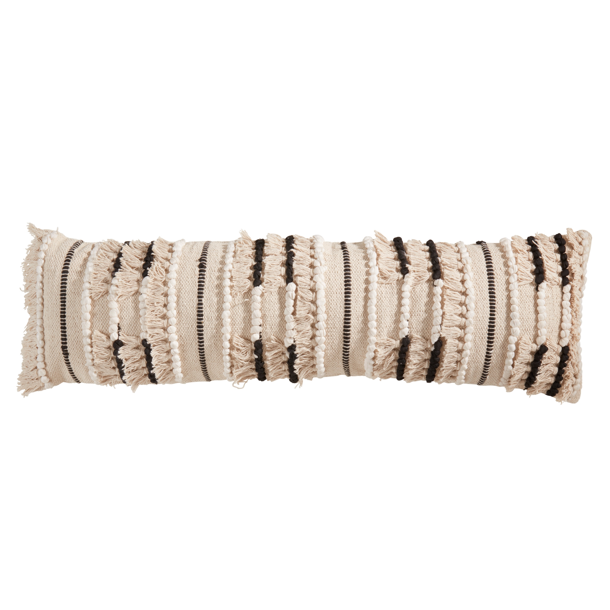 Saro Lifestyle Stylish Fringe Poly Filled Pillow with Intricate Detailing, Beige, 13"x40"