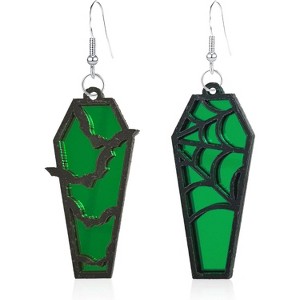Halloween Coffin Earrings with Bat & Spider Web, Acrylic Asymmetric Dangle Drop, Punk Horror Jewelry Gift for Women & BFF. - 1 of 4