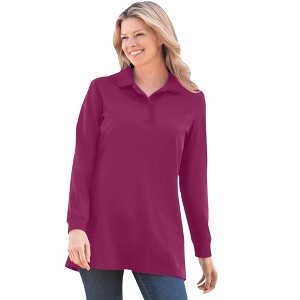 Woman Within Plus Size Long-Sleeve Polo Shirt - 1 of 4