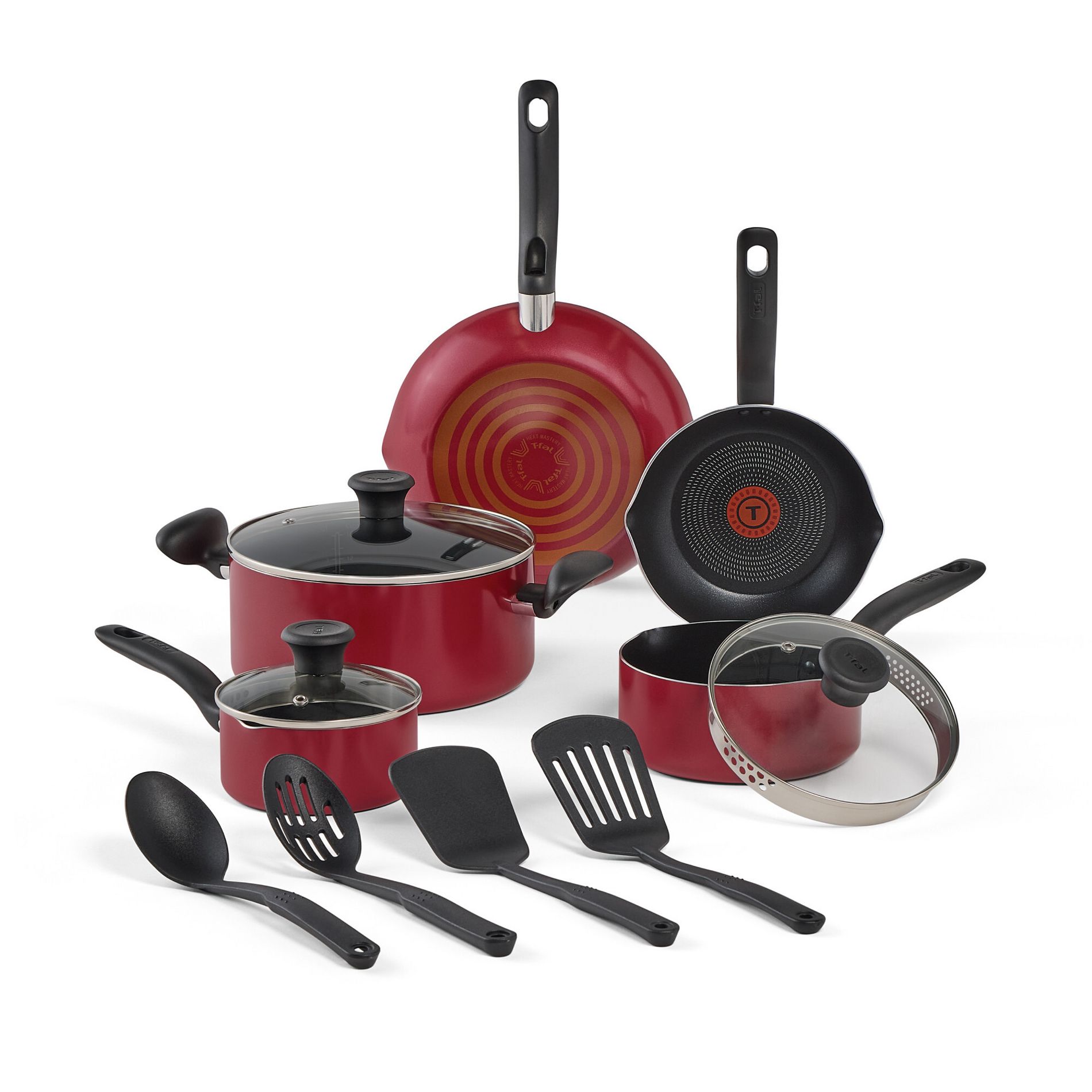 T-Fal 12pc Simply Cook Nonstick Cookware Set Red: Aluminum, Ergonomic Handles, Tempered Glass Lids, Oven-Safe to 350°F