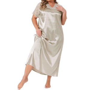 Agnes Orinda Women's Plus Size Satin Lace V Neck Short Sleeve Maxi Chemise Soft Lounge Nightgown - 1 of 4