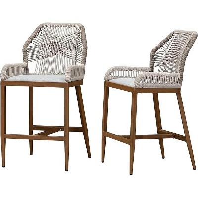 PURPLE LEAF 2 Pieces Bar Stools Patio Modern Rattan Barstools Aluminum Woven Tall Bar Chairs with Cushions for Outdoor Kitchen Island Garden