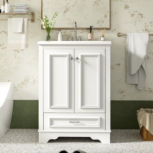 MOEPISY 24 inch Bathroom Vanity with Ceramic Sink, Modern Freestanding Storage Cabinet with Silver Handles - 1 of 4