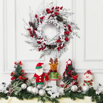 Coucheta snow-Flocked Christmas Wreath – Pine Cones, Berries, Apples for Door/Fireplace