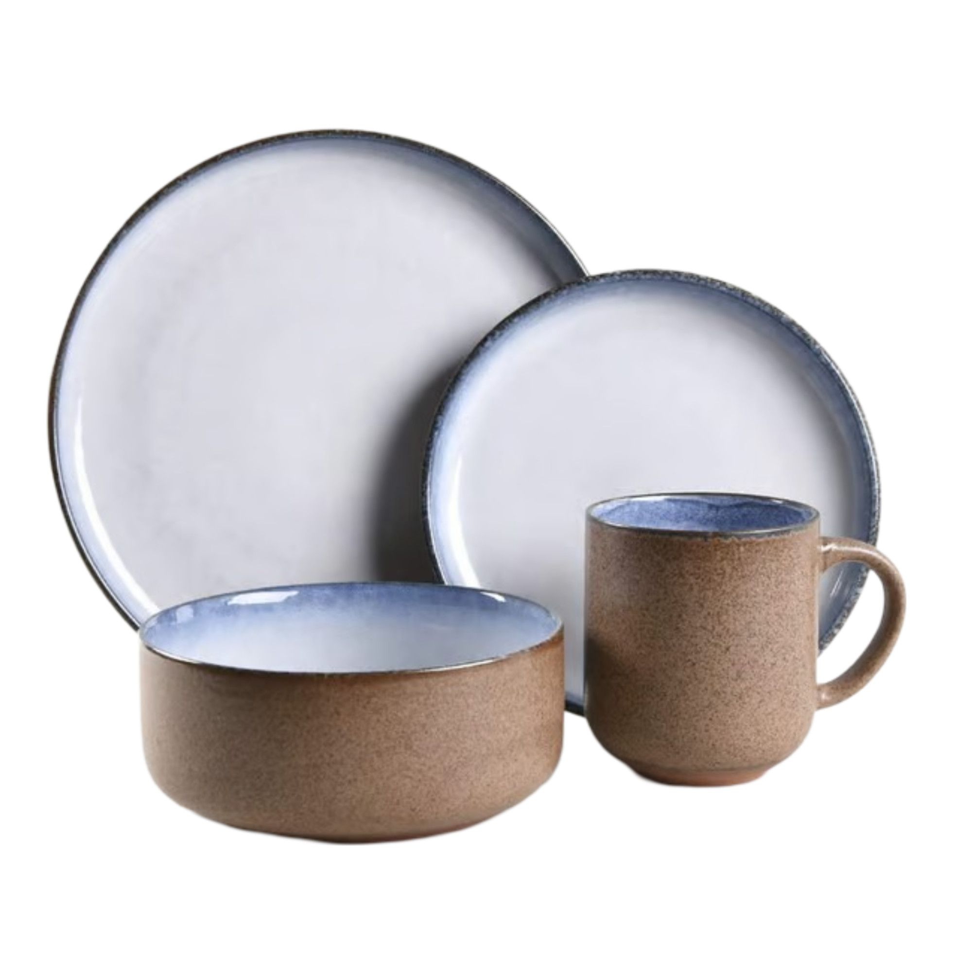 Mikasa Oaklyn Mist 16-Piece Stoneware Dinnerware Set - White & Blue Reactive Glaze with Stone-Like Exterior - Modern Tableware Designs, Plates, Bowls