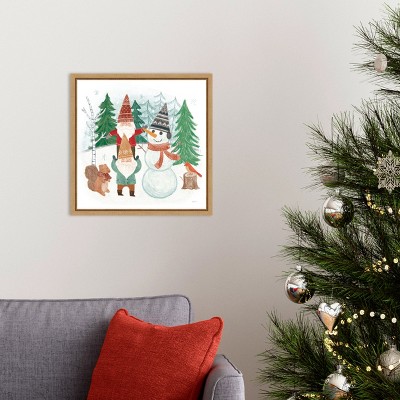 Woodland Gnomes and Snowman Holiday Canvas Art Print, 16 x 16 inches