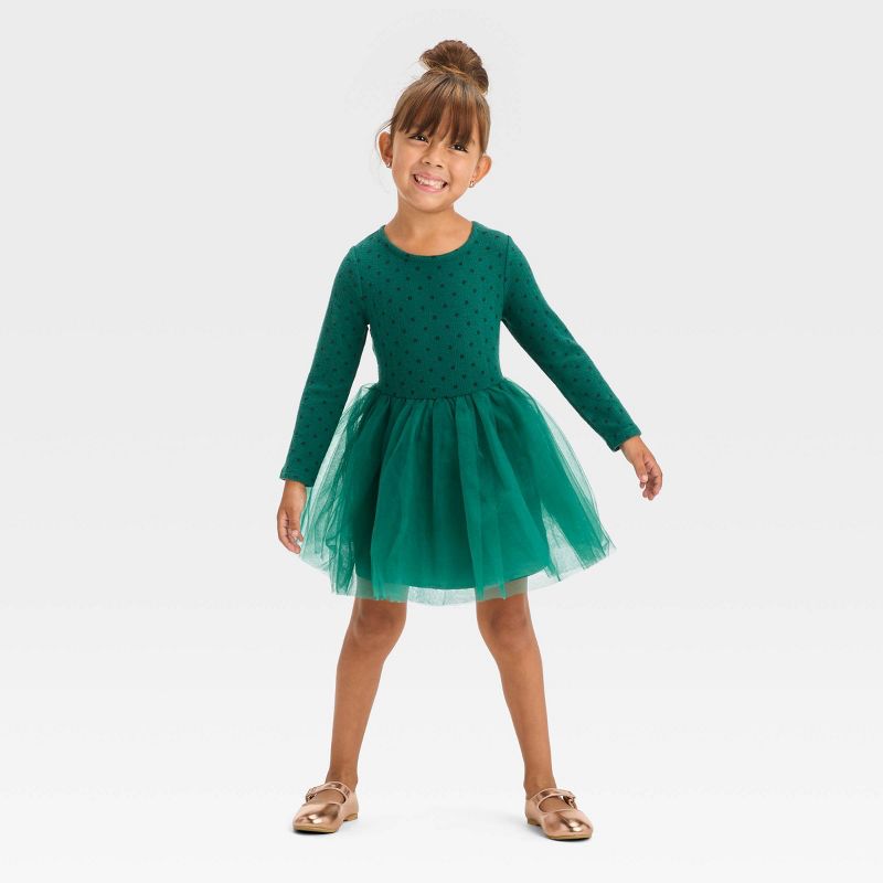 Toddler Girls' Long Sleeve Knit Tulle Dress - Cat & Jack™ Green, 3 of 10