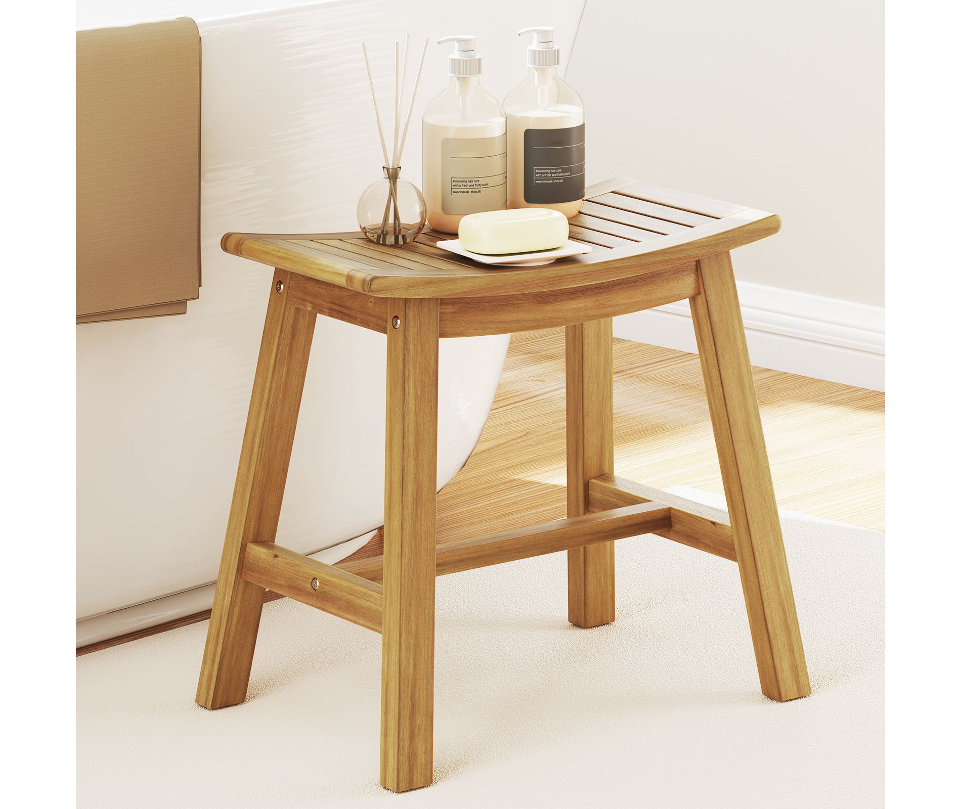 Tangkula Shower Bench Teak Wood Shower Stool w/ Curved Seat Waterproof Bath Bench
