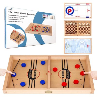 Kiditos Large 5-in-1 Wooden Board Game with Sling Puck, Chess, Checkers, Bowling & Curling, Tabletop Game for Kids, Adults & Family Night