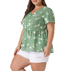 Agnes Orinda Women's Plus Size Floral V Neck Ruffle Hem Button Short Sleeve Peplum Blouses - 1 of 4