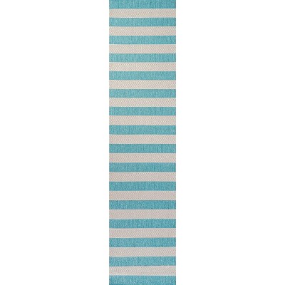 Ivory and Aqua Wide Stripe Reversible Indoor/Outdoor Rug