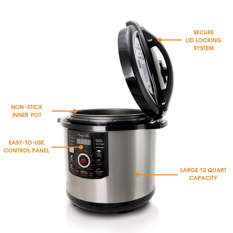 Megachef 12 Quart Steel Digital Pressure Cooker with 15 Presets and Glass Lid, 3 of 7