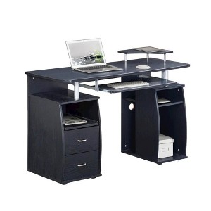 Brown Office Desk with Storage, Writing Wood Desk with 2 Drawers, Shelves - 1 of 4