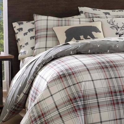 King Charcoal Plaid Cotton Duvet Cover Set with Shams