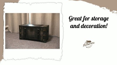 Distressed Black Medium Wooden Storage Trunk with Faux Leather Straps