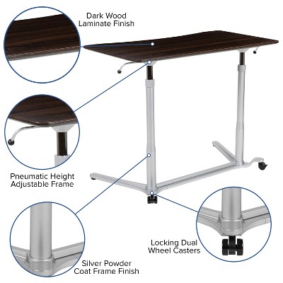 Adjustable Dark Wood Grain Sit/Stand Mobile Desk with Keyboard Tray