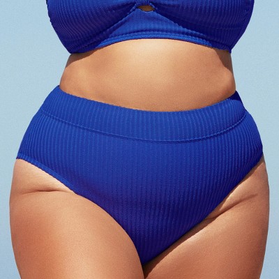 Women's Plus Size Ribbed Modest Widen Band High Waist Bikini Bottom -  Cupshe-00-Royal Blue