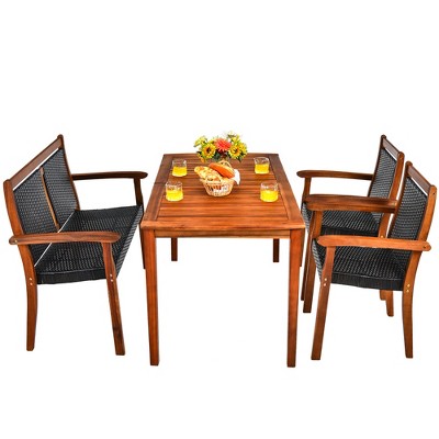 4-Piece Brown Wood and Black Rattan Patio Dining Set