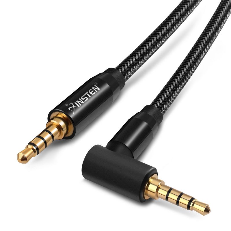 Insten 3.5mm Audio Cable, 90 Deg Male to Male, TRRS Stereo with Microphone, Nylon Braided Jacket, 1.5 Feet, Black, 1 of 8