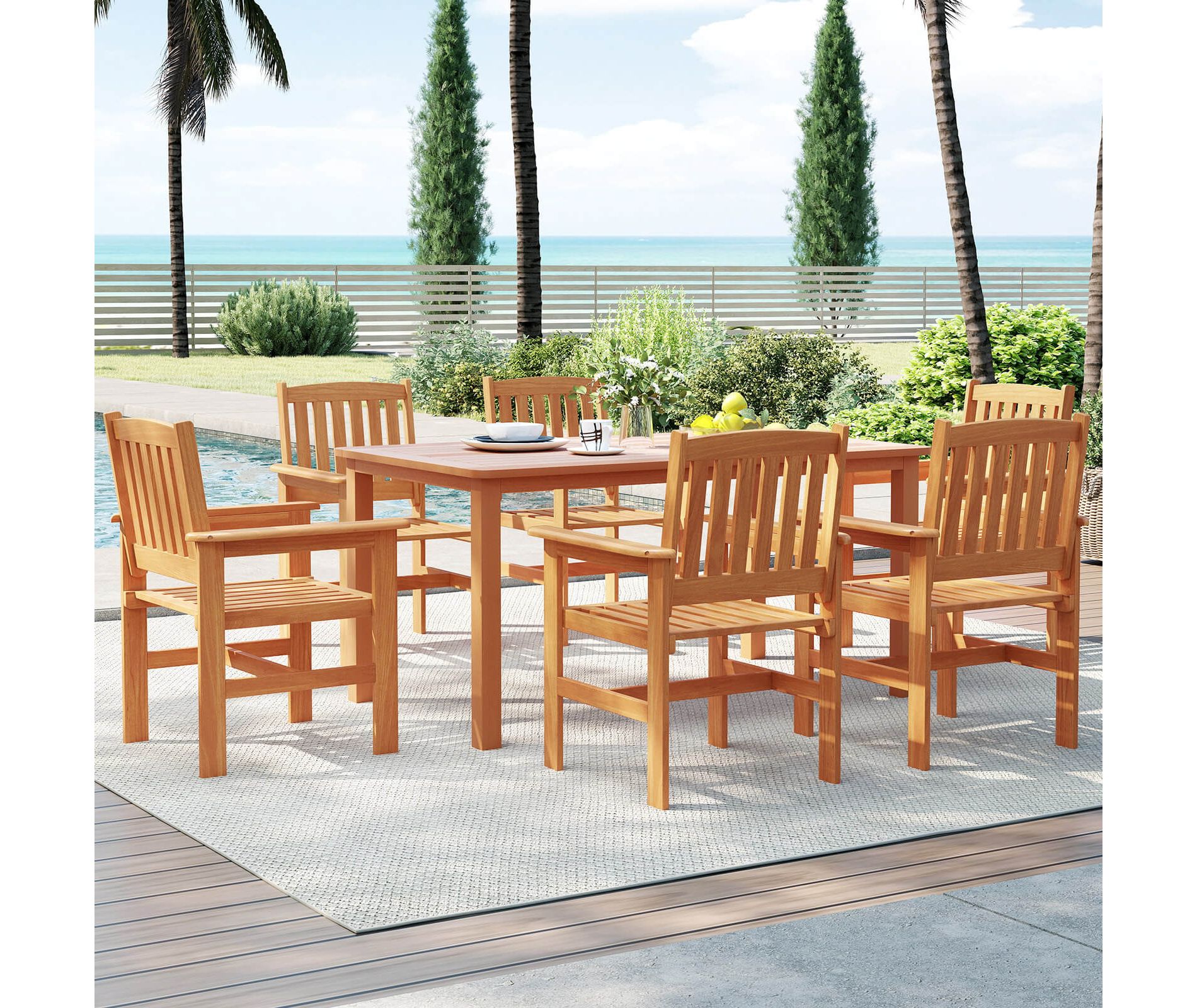Costway 7 PCS Patio Wood Dining Table Set with 2” Umbrella Hole Outside Furniture Set