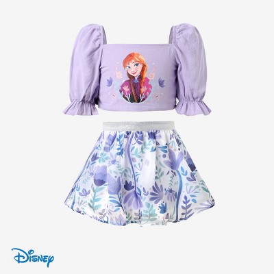 Disney Frozen Elsa Anna 2pcs Toddler Girl Character Print Puff Sleeves Top with Skirts Set