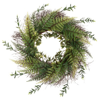 Nature Spring Slim Profile Artificial Fern Wreath with Grapevine Base - 21"