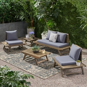 Christopher Knight Home Sedona Outdoor Acacia Wood 4 Seater Chat Set and Side Table with Cushions - 1 of 4