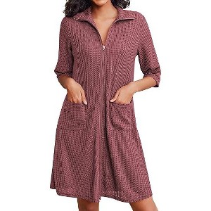 Ekouaer Zipper Robes for Women Waffle Knit Bathrobes Short Lightweight Knee Length Loungewear with Pockets - 1 of 4