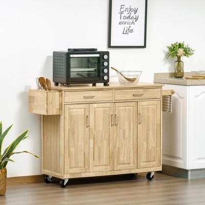 Natural Wood Kitchen Cart with Drawers and Spice Rack