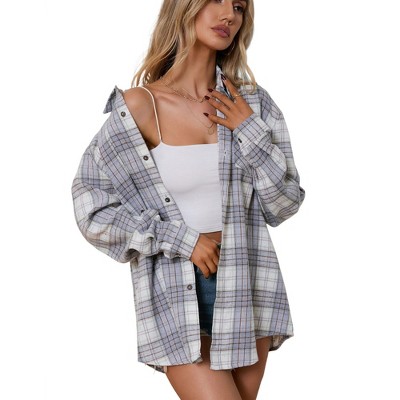Clearlove Plaid Shirts for Women Oversized Long Sleeve Casual Button Down Blouse Top