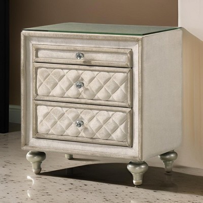 Royal Hampton Nightstand, 2 Drawers, Pull Out Tray, 27 Inch Wood, Beige Velvet