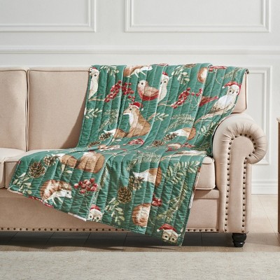 Green and Red Holiday Forest Animals Quilted Throw Blanket