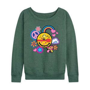 Women's - Peanuts - Woodstock Peace And Love Flair Lightweight French Terry Wide Neck Long Sleeve Shirt - 1 of 4