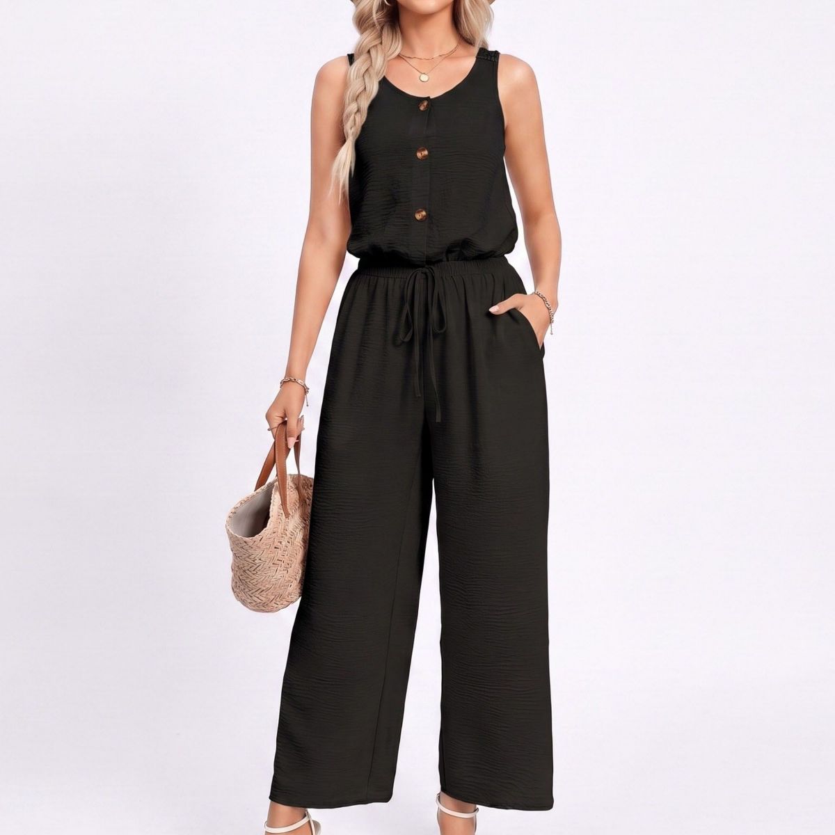 Anna-Kaci Women's Sleeveless Button Front Jumpsuit with Crochet Lace Back