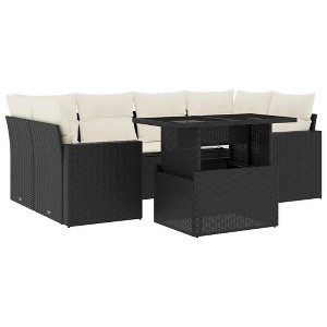 vidaXL Patio Sofa Set with Cushions Outdoor Furniture 7 Piece Poly Rattan - Black and Cream without Storage - 1 of 4