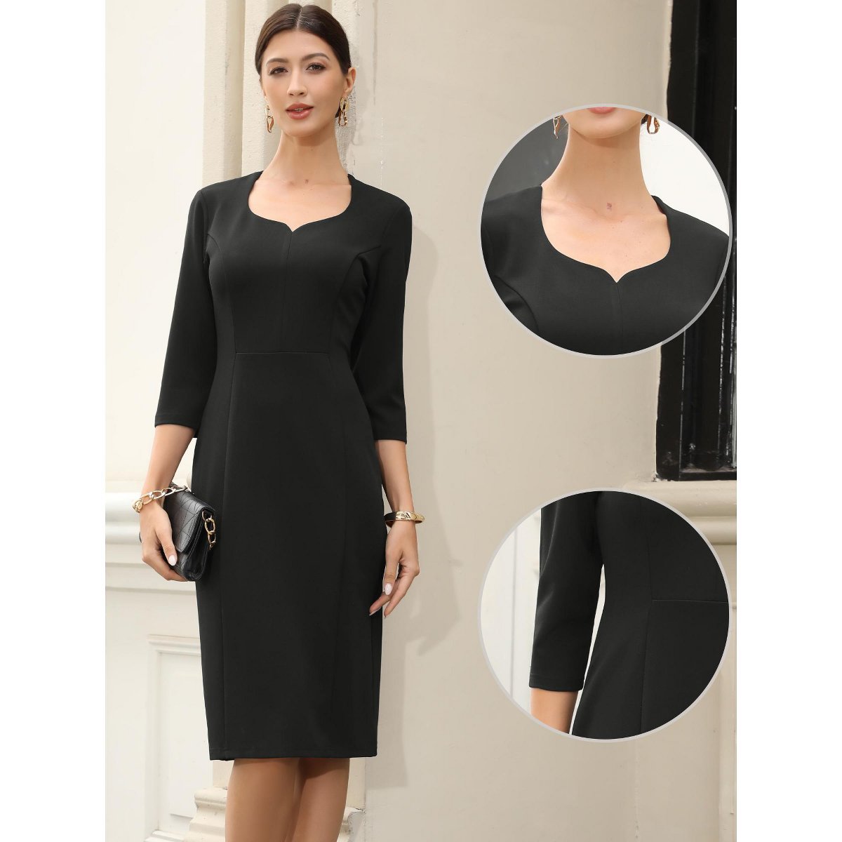 Женские платья INSPIRE CHIC Women's 3/4 Sleeve Sweet Heart Neck High Waist Office Midi Dress Small Black — фото 2