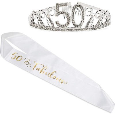 50th Birthday Tiara and Sash - 50 & Fabulous Satin Sash and Rhinestone Tiara Crown Set for Party Supplies, Cake Topper