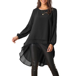 Seta T Women's Lantern Long Sleeve Round Neck High Low Irregular Hem Casual Blouse - 1 of 4