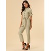 INSPIRE CHIC Women's Short Sleeve Collared Solid Color Button Down Tie Waist Cargo Jumpsuit - 3 of 4
