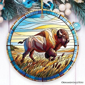 Great Plains Bison Stained Glass Themed Ceramic Ornament, Nature of the American Wild West| OrnamentallyYou - 1 of 4