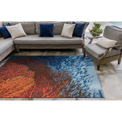 Ocean Blue and Coral Synthetic Flat Woven Indoor/Outdoor Rug
