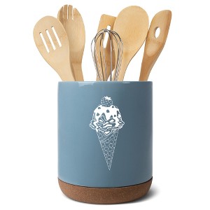 Elanze Designs 8 inch Ice Cream Waffle Cone Large Ceramic Kitchen Utensil Holder Sky Blue and White Crock with Cork Base - 1 of 4
